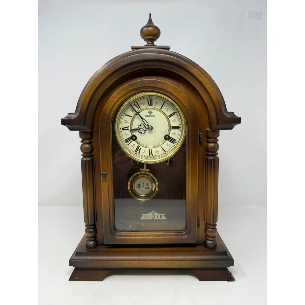 Vintage Schmeckenbecher Mantel Clock West Germany Wood Case Pendulum Winding Key